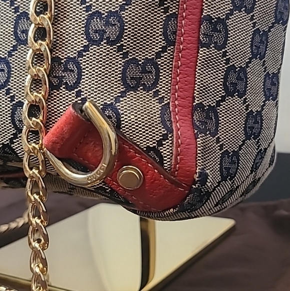 GUCCI VINTAGE 90'S ABBEY TAN CANVAS W NAVY GG DIAMANTE, RED LEATHER/GOLD HRDWR - Picture 3 of 14